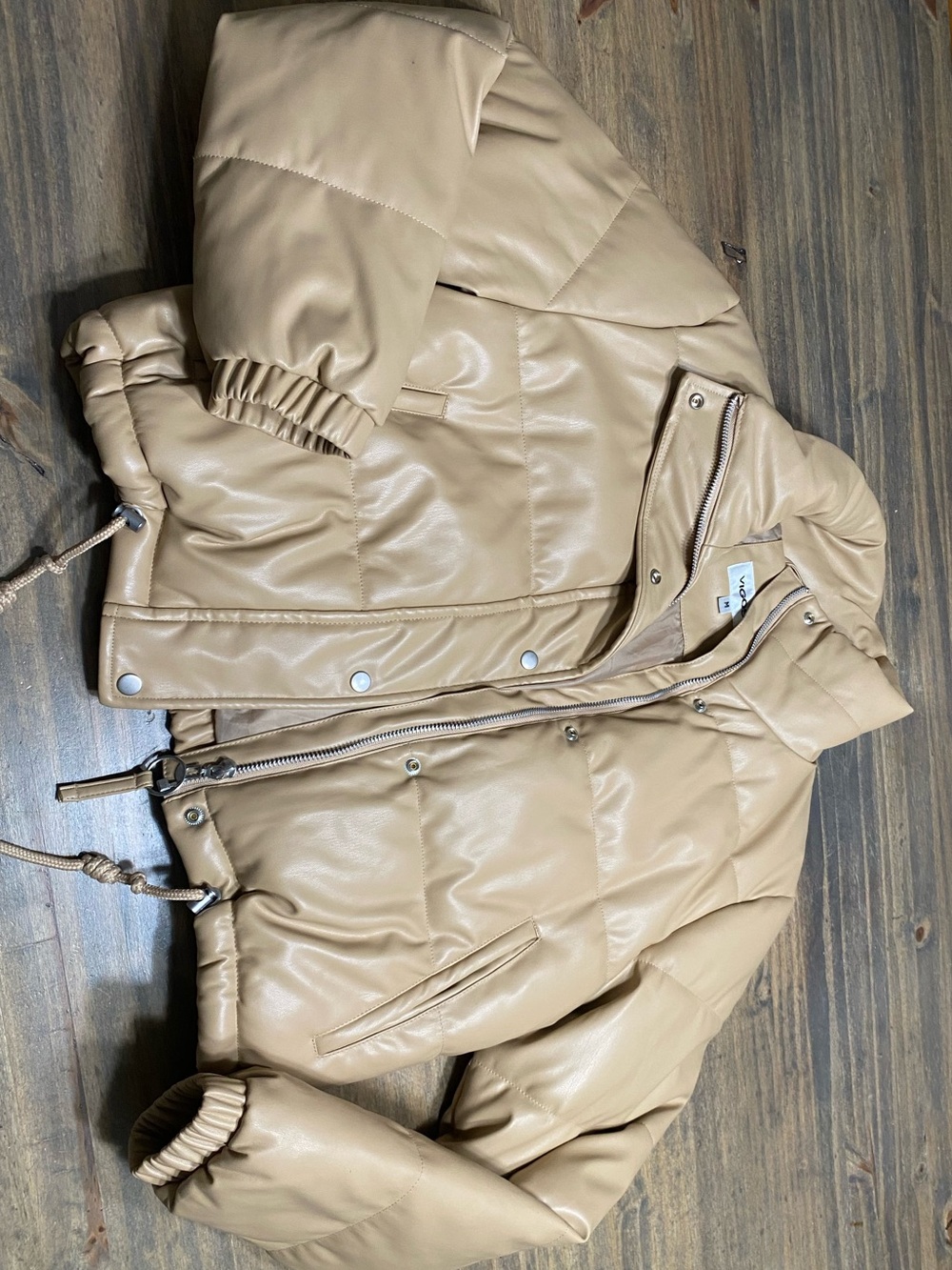 Vigoss Faux Leather Puffer Jacket in Beige